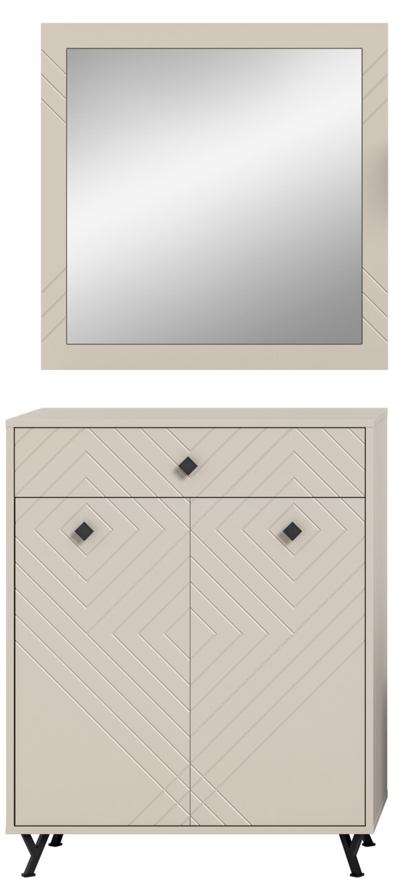 Frontale Ansicht einer modernen Garderobenkombination mit einem großen rechteckigen Spiegel und einem Schrank mit geometrischem Muster und schwarzen Griffen.