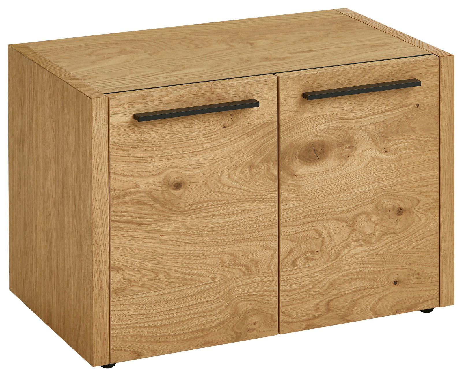 Garderobenbank aus Holz mit zwei Türen und schwarzen Griffen, seitliche Perspektive