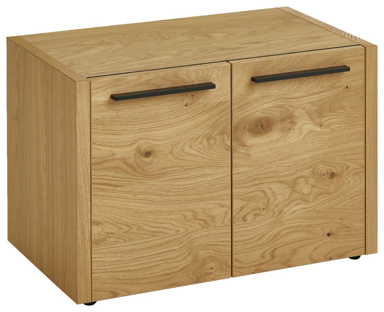 Garderobenbank aus Holz mit zwei Türen und schwarzen Griffen, seitliche Perspektive