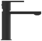 Seitliche Ansicht einer modernen, schwarzen Waschtischarmatur mit geradlinigem Design.