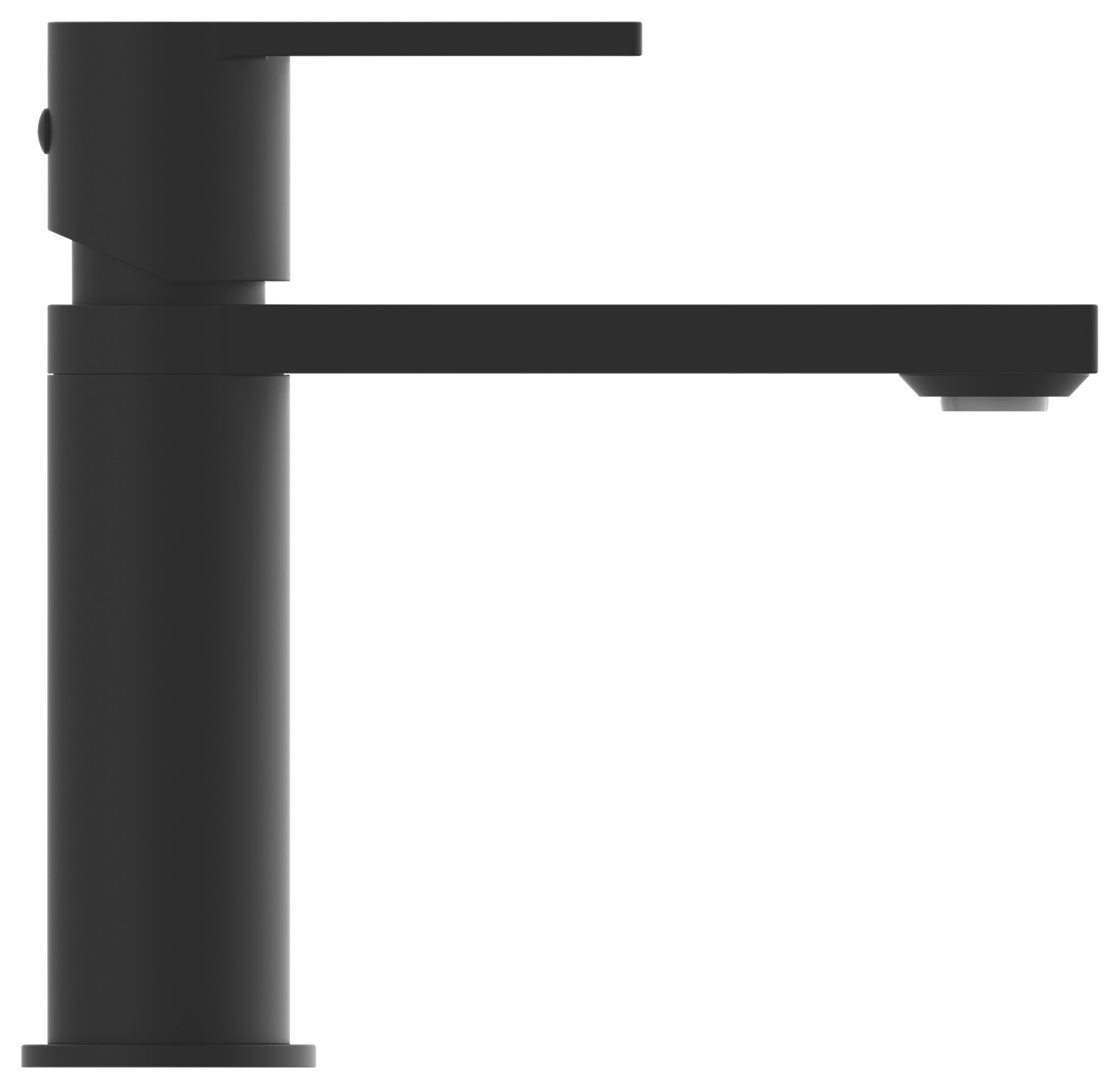 Seitliche Ansicht einer modernen, schwarzen Waschtischarmatur mit geradlinigem Design.