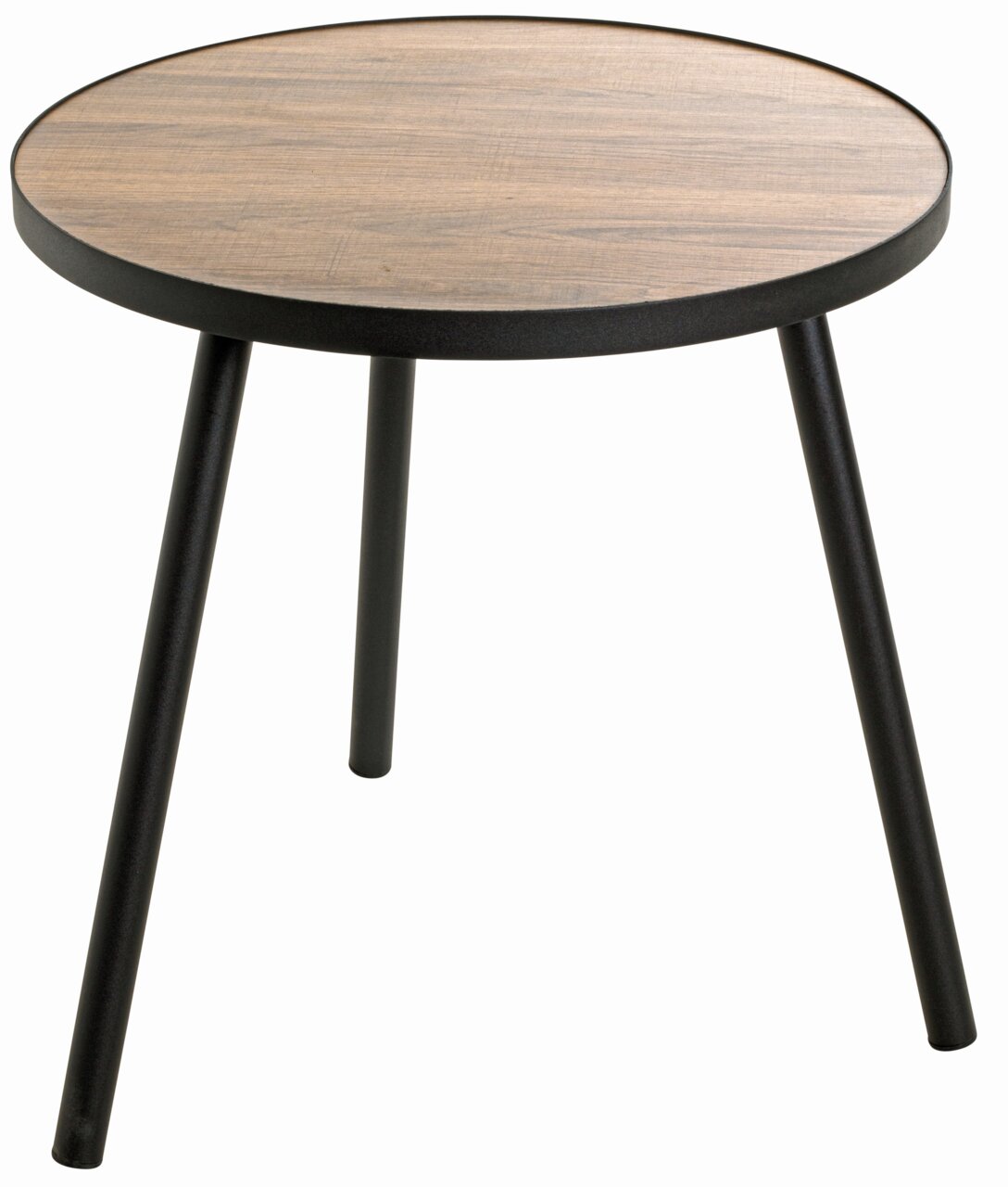 Runder Beistelltisch mit Holzoptik-Tischplatte und schwarzen Metallbeinen, seitliche Perspektive