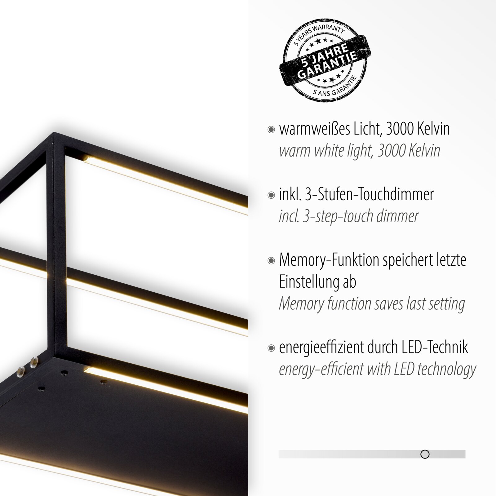 Moderne schwarze Pendelleuchte CONTURA von Paul Neuhaus mit warmweißem Licht, 3000 Kelvin, 3-Stufen-Touchdimmer und Memory-Funktion, seitliche Perspektive.