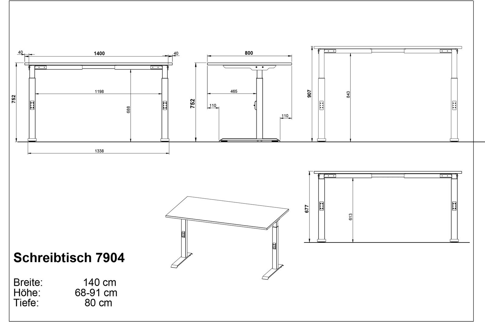 Höhenverstellbarer Schreibtisch mit den Maßen 140 cm Breite, 68-91 cm Höhe und 80 cm Tiefe, seitliche und frontale Ansicht.