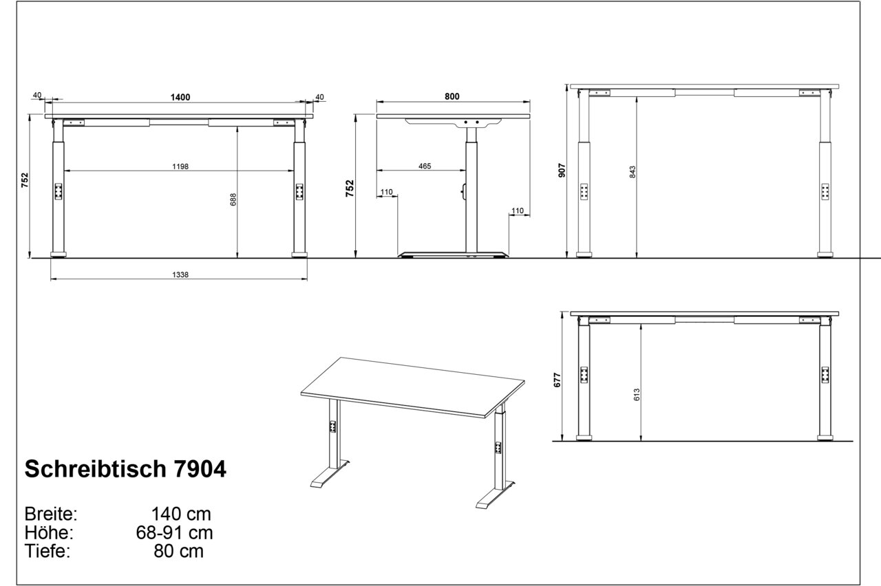 Höhenverstellbarer Schreibtisch mit den Maßen 140 cm Breite, 68-91 cm Höhe und 80 cm Tiefe, seitliche und frontale Ansicht.