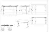 Höhenverstellbarer Schreibtisch mit den Maßen 140 cm Breite, 68-91 cm Höhe und 80 cm Tiefe, seitliche und frontale Ansicht.