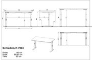 Höhenverstellbarer Schreibtisch mit den Maßen 140 cm Breite, 68-91 cm Höhe und 80 cm Tiefe, seitliche und frontale Ansicht.