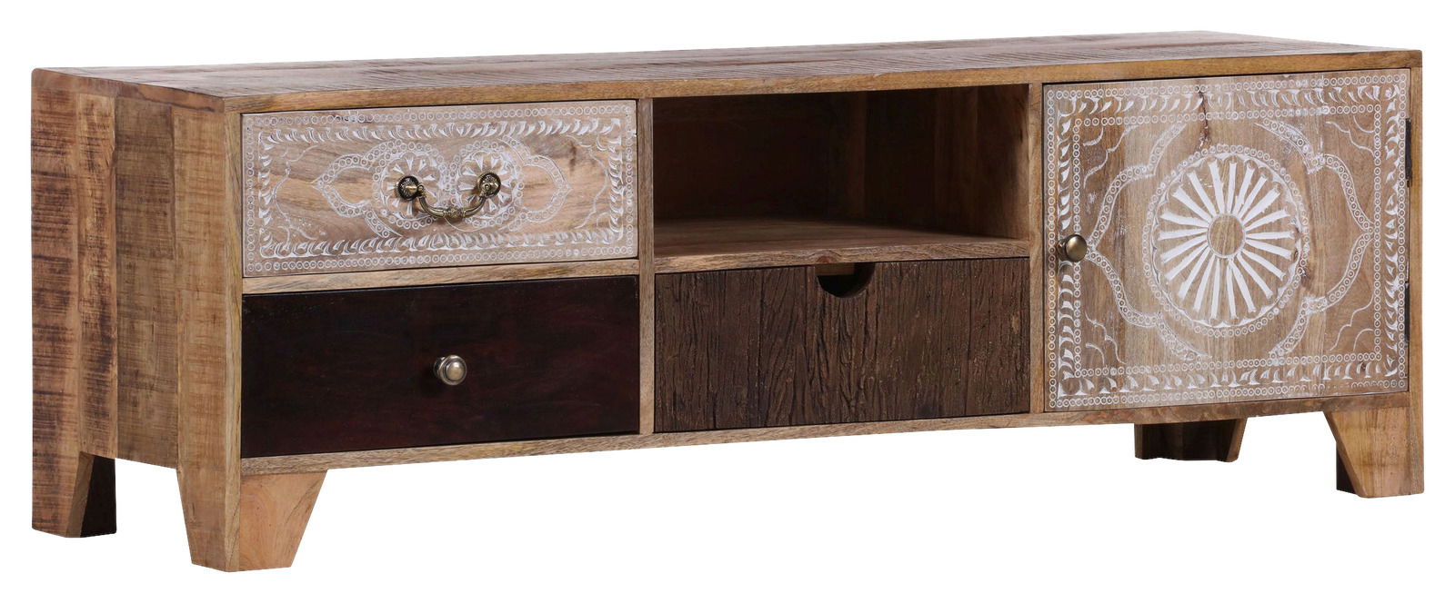 TV-Lowboard aus Holz mit dekorativen Schnitzereien, zwei Schubladen, einem offenen Fach und einer Tür, seitliche Perspektive
