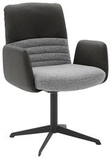 Moderner Armlehnstuhl mit grauem Stoffbezug und schwarzem Leder, auf einem schwarzen Metallgestell, seitliche Perspektive