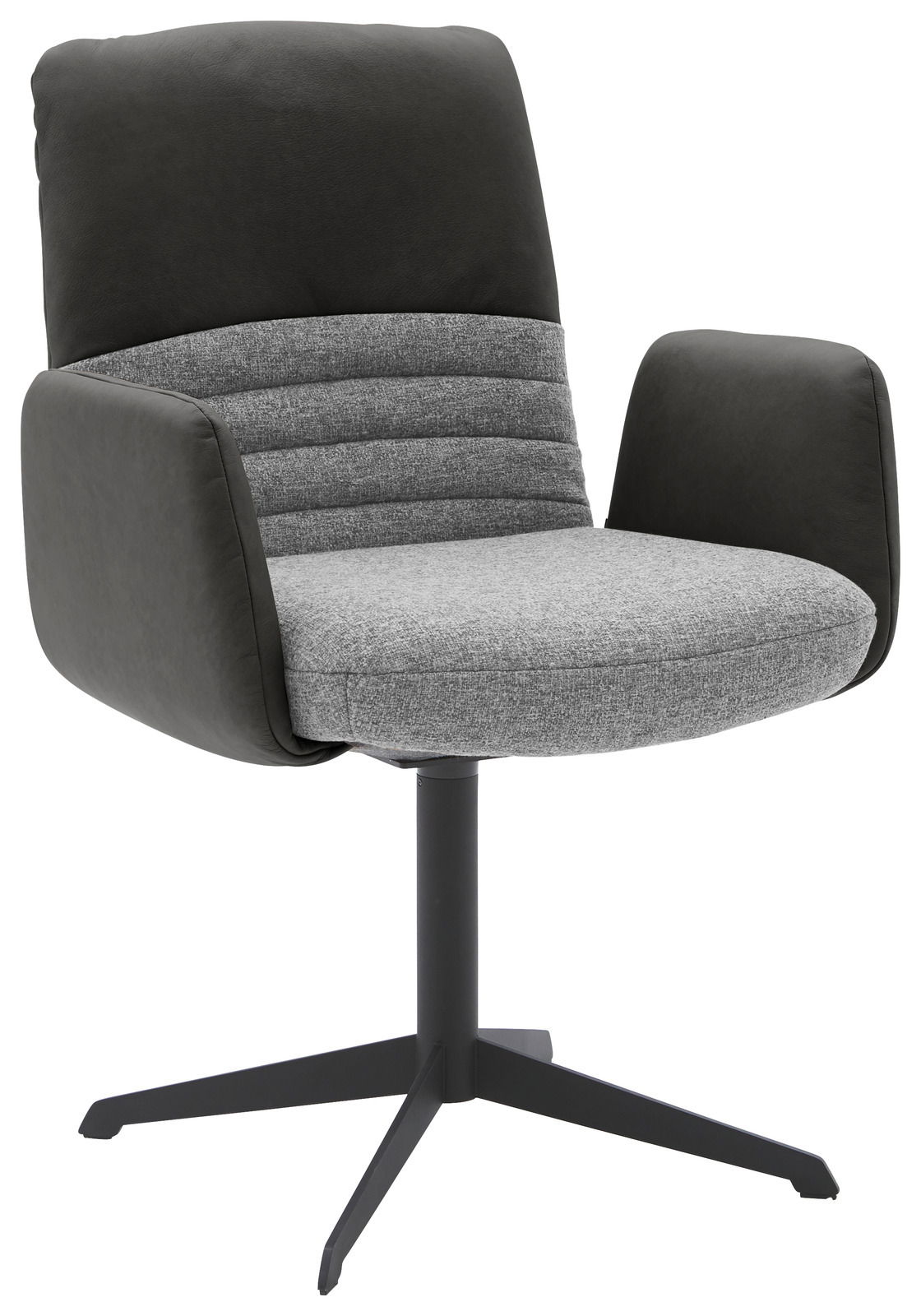Moderner Armlehnstuhl mit grauem Stoffbezug und schwarzem Leder, auf einem schwarzen Metallgestell, seitliche Perspektive