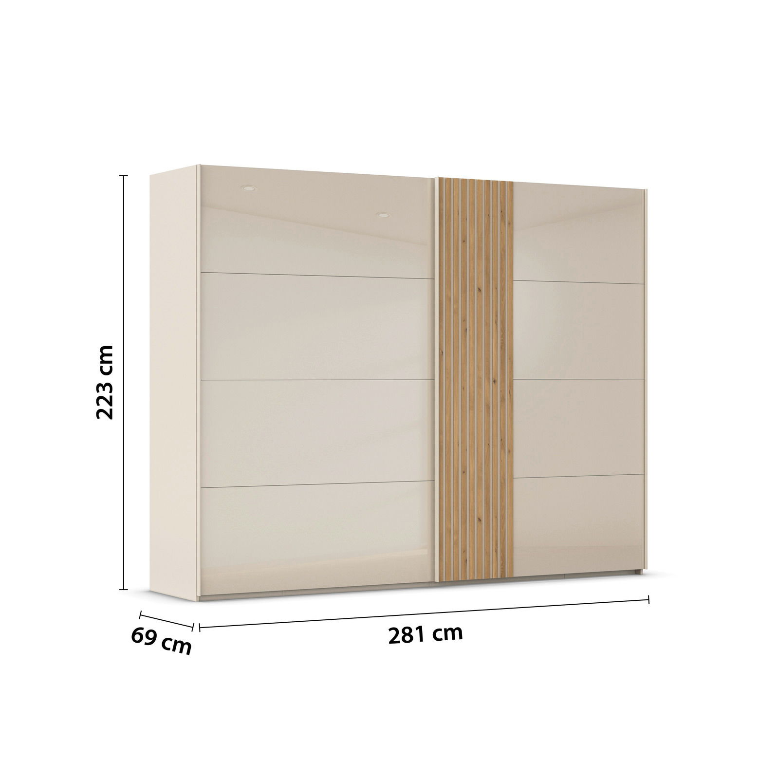 Schwebetürenschrank 2-türig in Seitenansicht, 223 cm hoch, 281 cm breit, 69 cm tief, mit einer Kombination aus glatten und holzstrukturierten Türen.