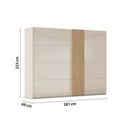 Schwebetürenschrank 2-türig in Seitenansicht, 223 cm hoch, 281 cm breit, 69 cm tief, mit einer Kombination aus glatten und holzstrukturierten Türen.