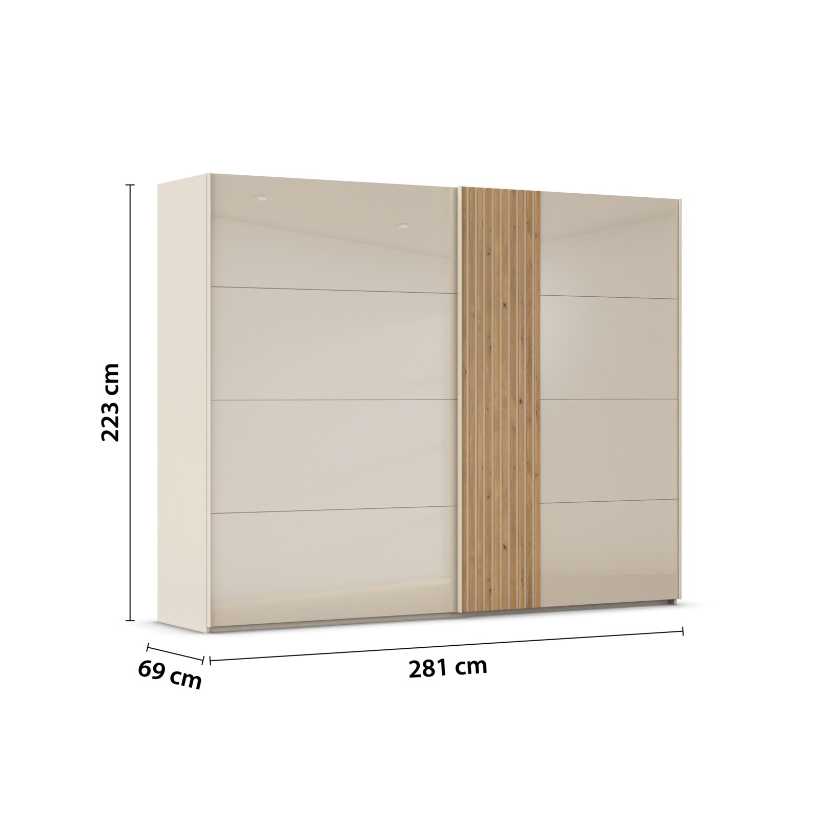 Hangdeurkast met 2 deuren, gezien vanaf de zijkant, 223 cm hoog, 281 cm breed, 69 cm diep, met een combinatie van gladde en deuren met houtstructuur.