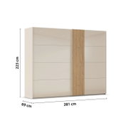 Hangdeurkast met 2 deuren, gezien vanaf de zijkant, 223 cm hoog, 281 cm breed, 69 cm diep, met een combinatie van gladde en deuren met houtstructuur.