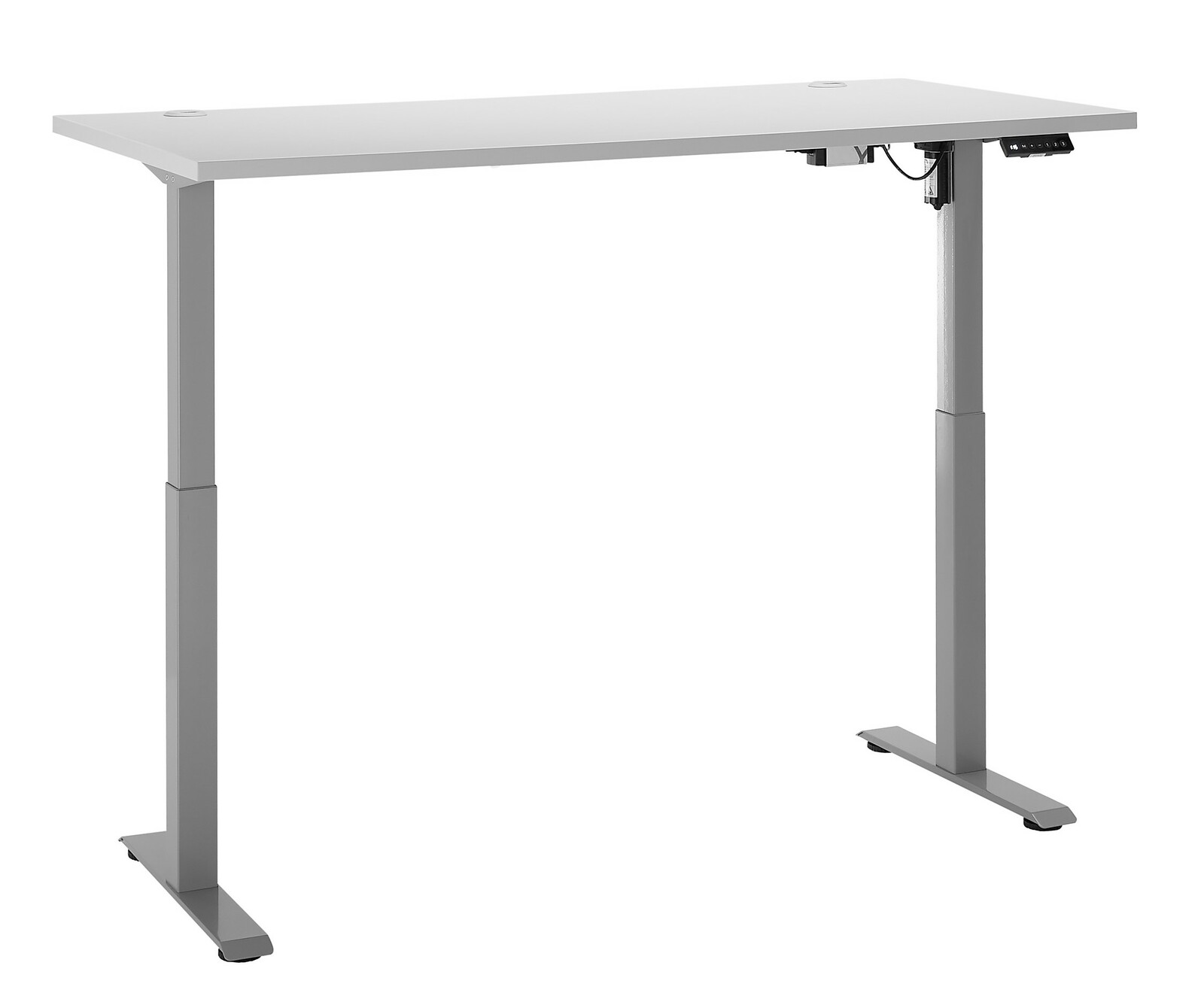 Moderner höhenverstellbarer E-Schreibtisch in seitlicher Perspektive, mit weißer Tischplatte und grauen Metallbeinen.