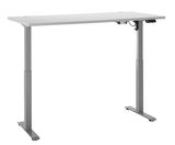 Moderner höhenverstellbarer E-Schreibtisch in seitlicher Perspektive, mit weißer Tischplatte und grauen Metallbeinen.