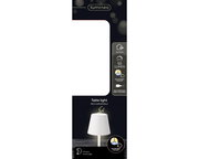 LED Tischleuchte mit verstellbarer Farbtemperatur, 50 Lumen, wiederaufladbar über USB-C, ideal für den Außenbereich. Seitenansicht der Verpackung.