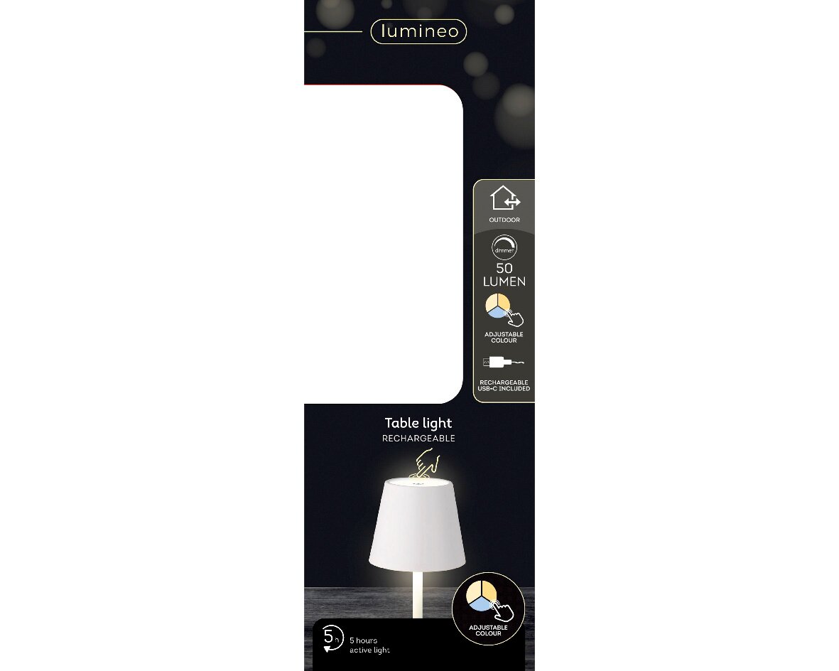 LED Tischleuchte mit verstellbarer Farbtemperatur, 50 Lumen, wiederaufladbar über USB-C, ideal für den Außenbereich. Seitenansicht der Verpackung.