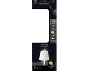 LED Tischleuchte mit verstellbarer Farbtemperatur, 50 Lumen, wiederaufladbar über USB-C, ideal für den Außenbereich. Seitenansicht der Verpackung.