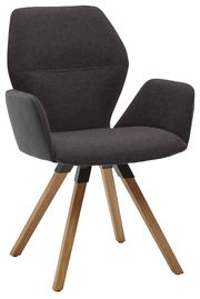 Moderner Armlehnenstuhl mit dunklem Stoffbezug und Holzbeinen, seitliche Perspektive