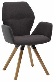 Moderner Armlehnenstuhl mit dunklem Stoffbezug und Holzbeinen, seitliche Perspektive