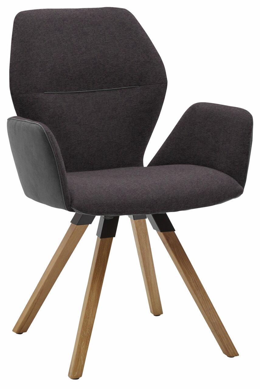 Moderner Armlehnenstuhl mit dunklem Stoffbezug und Holzbeinen, seitliche Perspektive