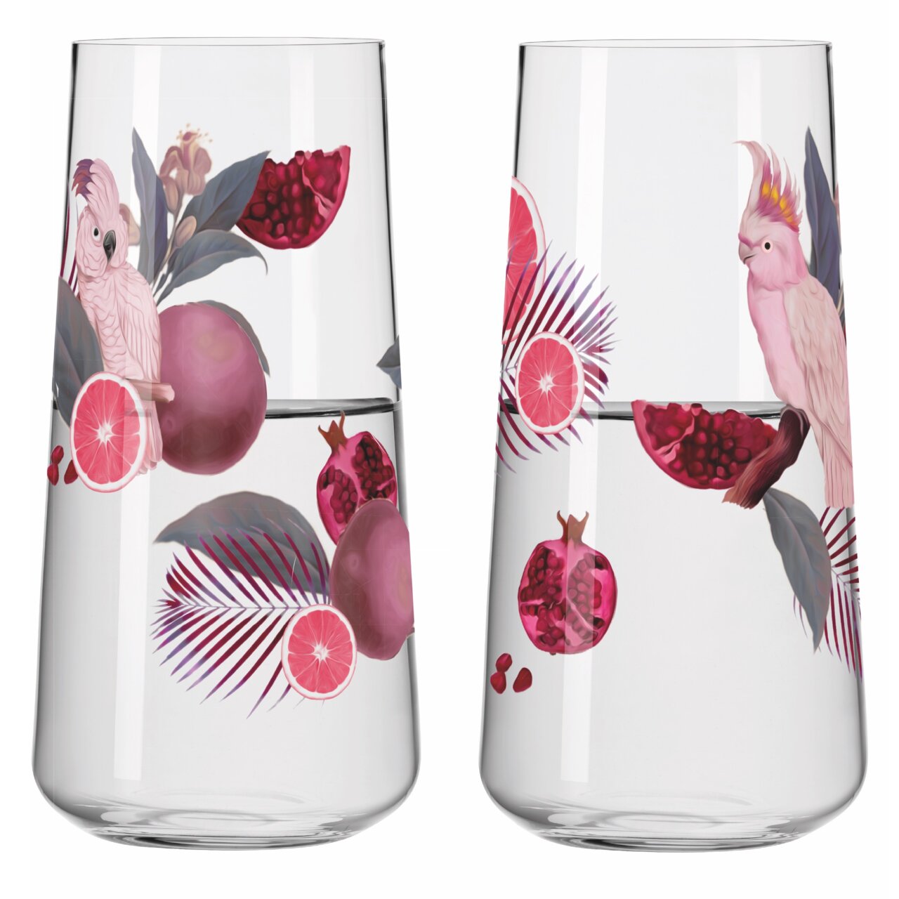 Zwei elegante Gläser mit tropischem Design, verziert mit Kakadus, Granatäpfeln und Palmenblättern, aus der Seitenperspektive fotografiert.