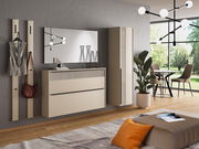 Moderner Hängeschuhschrank in einem stilvollen Wohnzimmer, seitliche Perspektive