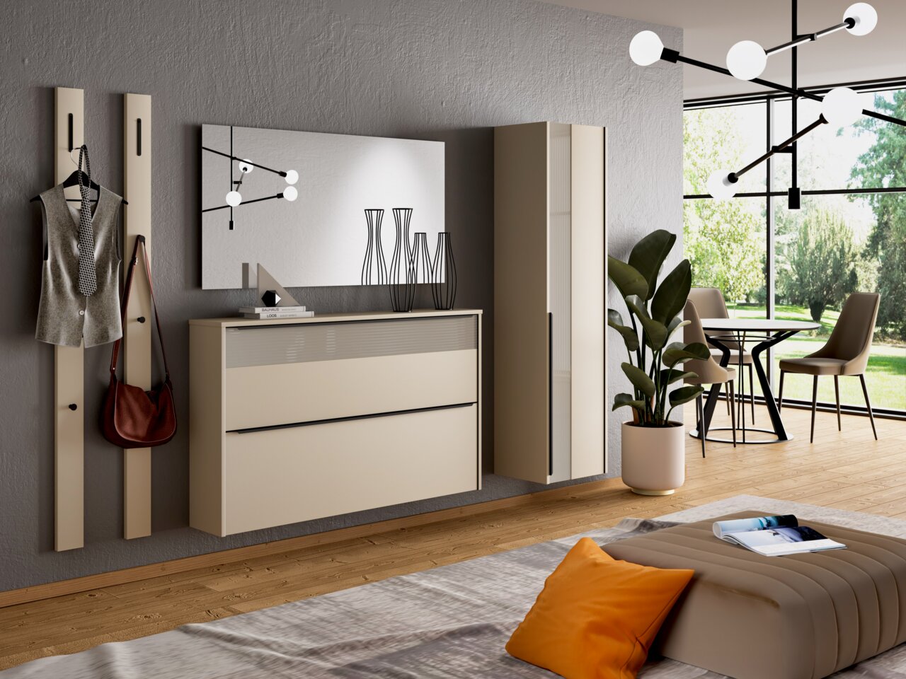 Dieter Knoll Hangende schoenenkast FIORE Moderne hangende schoenenkast in een stijlvolle woonkamer, zijaanzicht