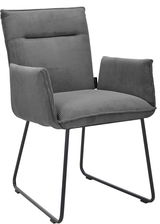 Grauer Armlehnstuhl mit geripptem Stoffbezug und Metallbeinen, seitliche Perspektive