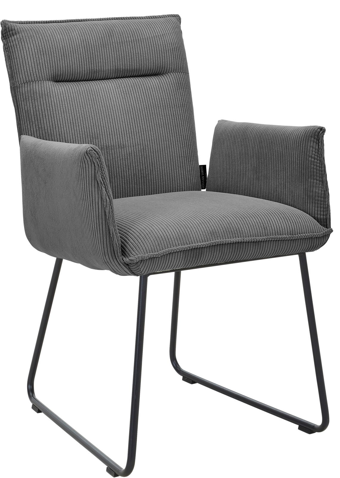 Johann Jakob Armlehnstuhl CALAS Grauer Armlehnstuhl mit geripptem Stoffbezug und Metallbeinen, seitliche Perspektive