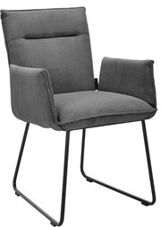 Grauer Armlehnstuhl mit geripptem Stoffbezug und Metallbeinen, seitliche Perspektive