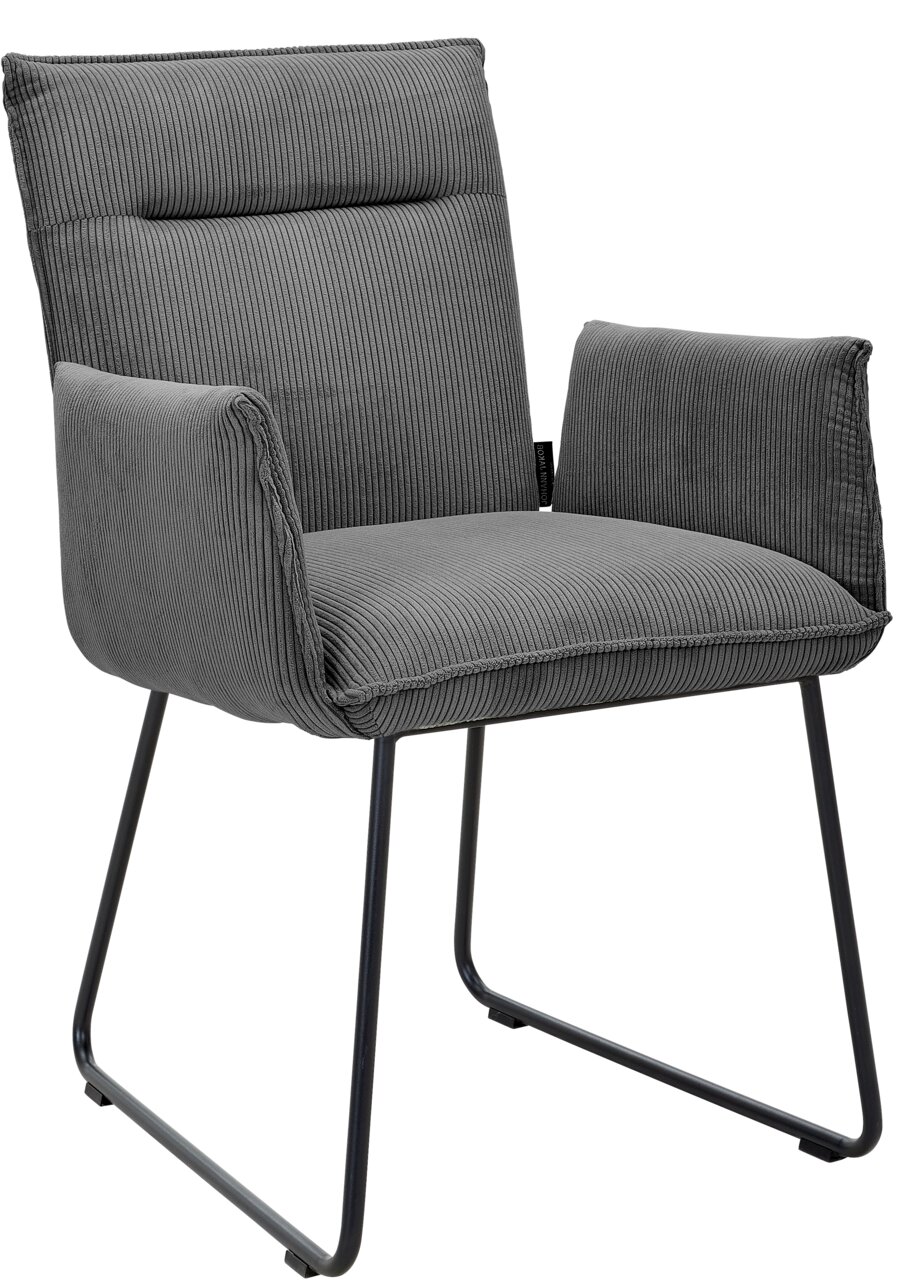 Grauer Armlehnstuhl mit geripptem Stoffbezug und Metallbeinen, seitliche Perspektive