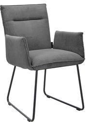 Grauer Armlehnstuhl mit geripptem Stoffbezug und Metallbeinen, seitliche Perspektive