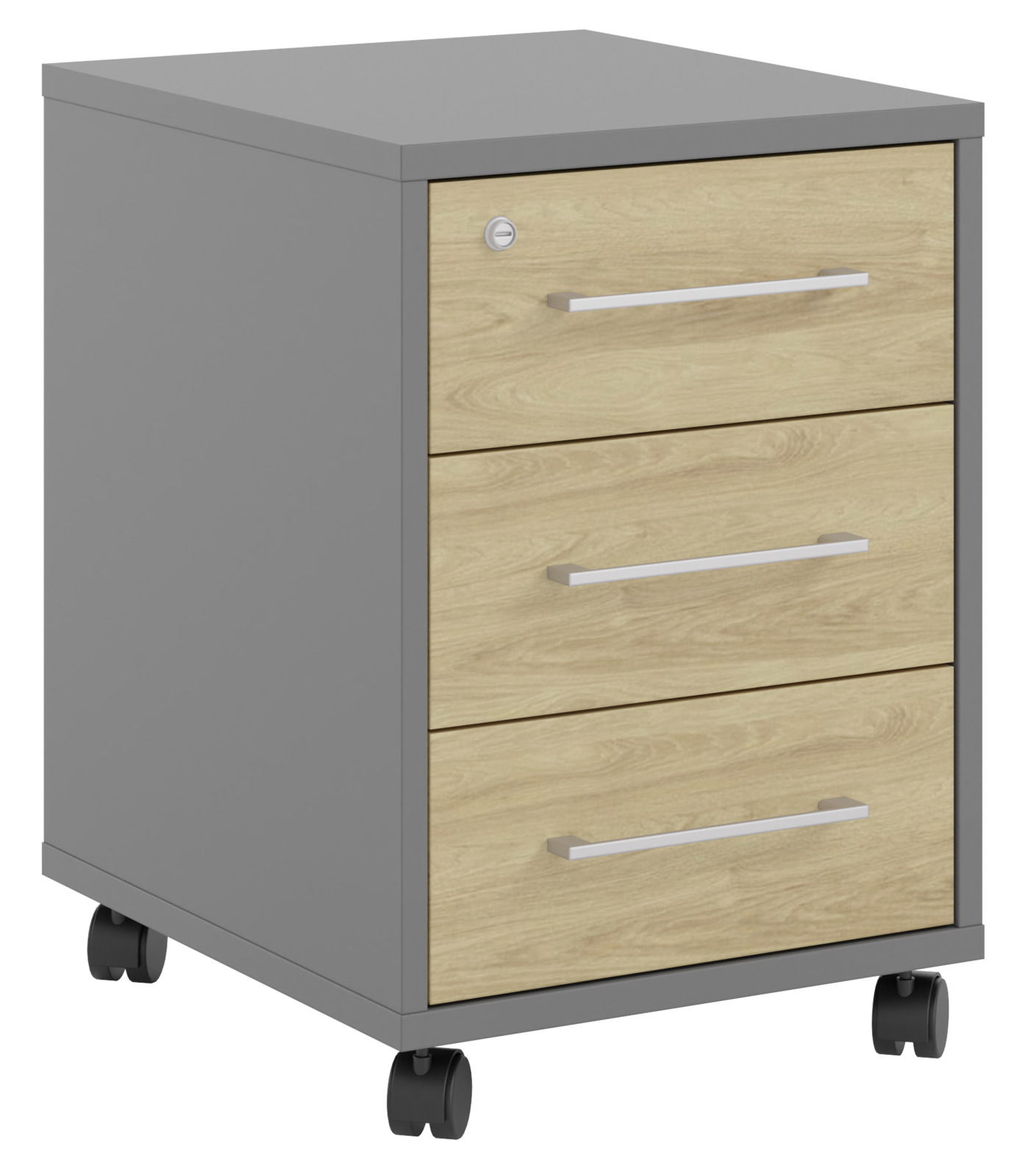 Manjana Rollcontainer OHIO Rollcontainer mit drei Schubladen, grauer Korpus und Holzfronten, auf Rollen, perspektivische Ansicht von vorne links