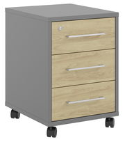 Rollcontainer mit drei Schubladen, grauer Korpus und Holzfronten, auf Rollen, perspektivische Ansicht von vorne links