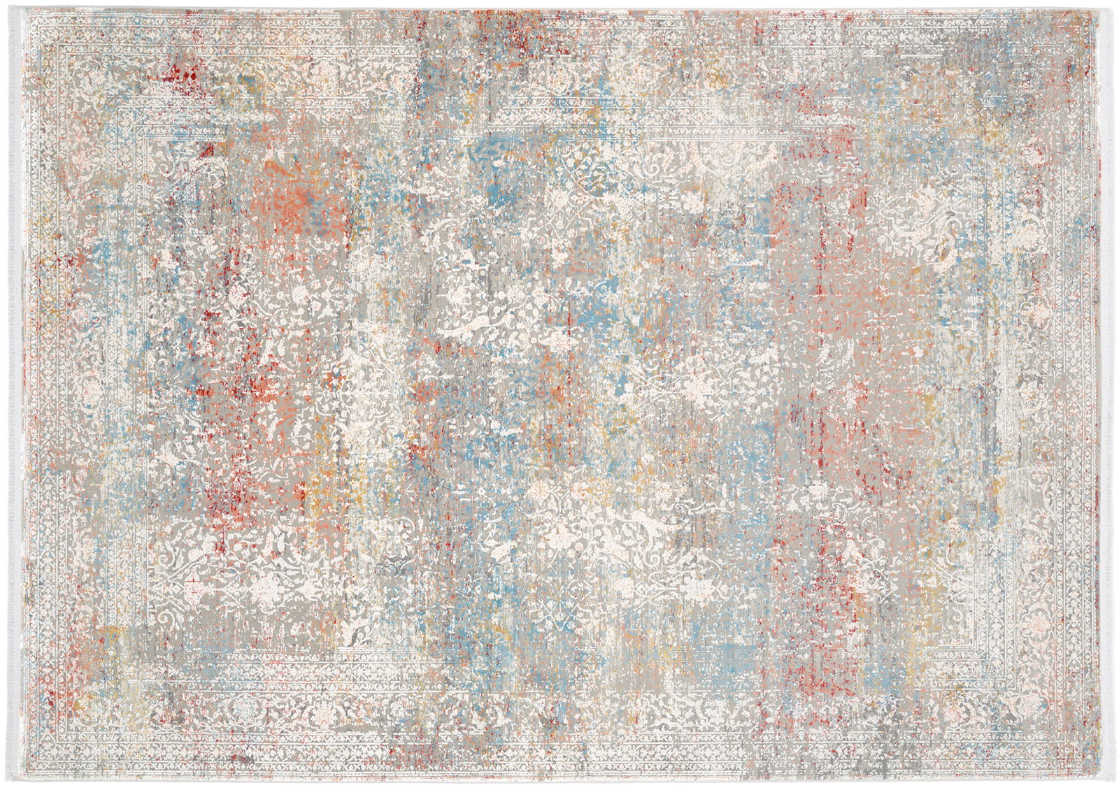 Designer Teppich mit abstraktem Muster in Rot-, Blau- und Grautönen, Draufsicht