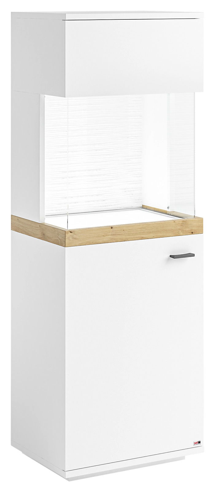 Weiße Vitrine mit Holzdetails, seitliche Perspektive