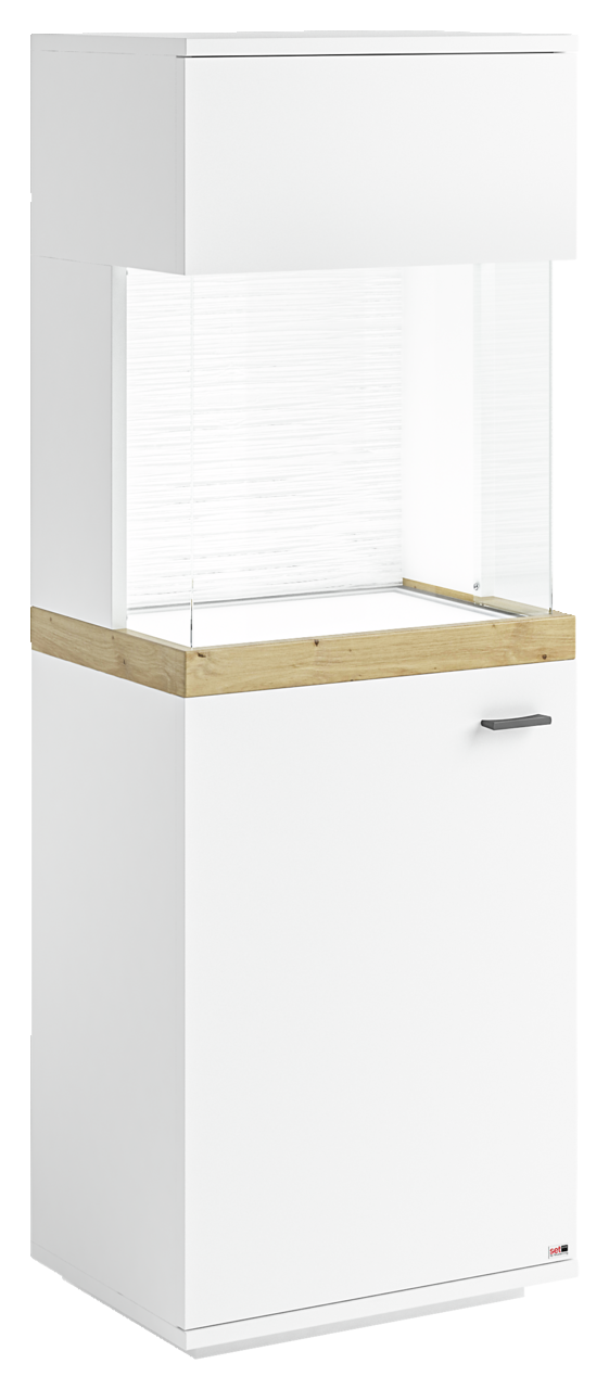 Set one by Musterring Vitrine links SET ONE LANCASTER Weiße Vitrine mit Holzdetails, seitliche Perspektive