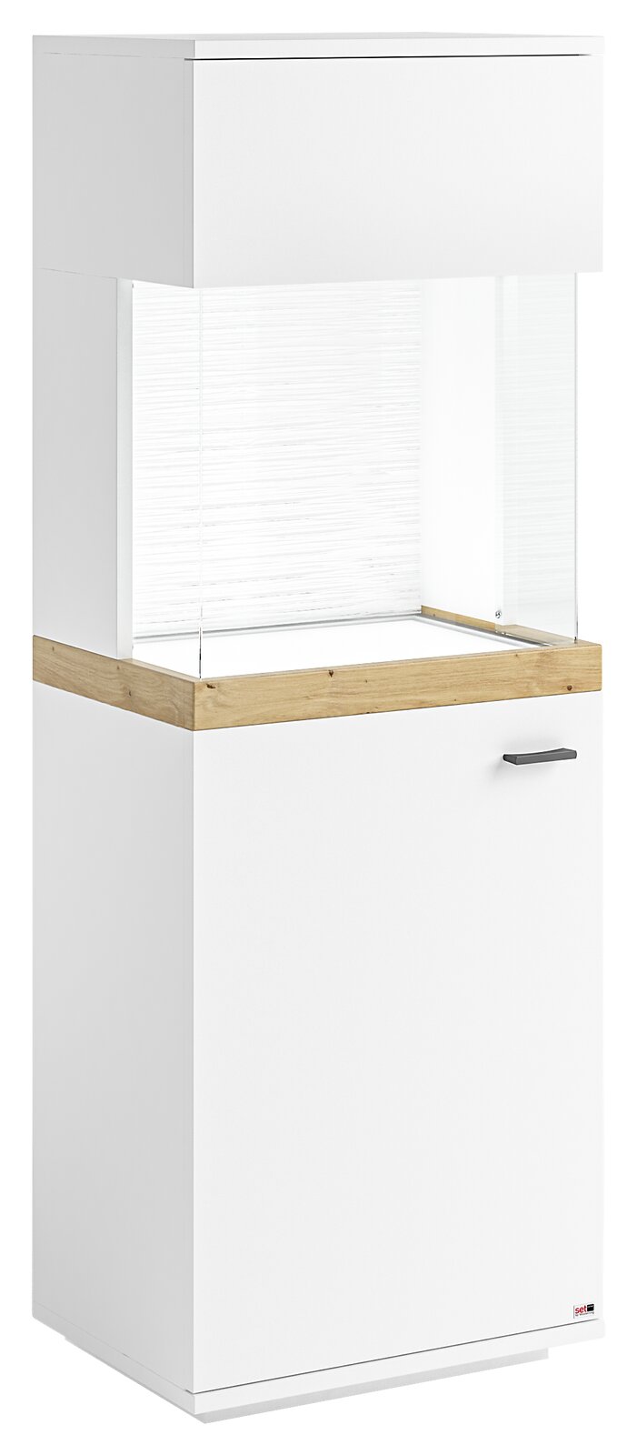 Set one by Musterring Vitrine links SET ONE LANCASTER Weiße Vitrine mit Holzdetails, seitliche Perspektive