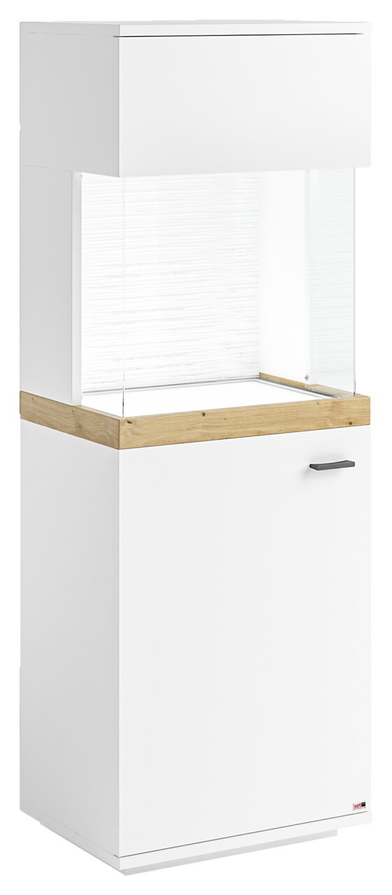Set one by Musterring Vitrine links SET ONE LANCASTER Weiße Vitrine mit Holzdetails, seitliche Perspektive