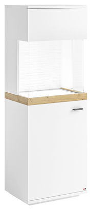 Weiße Vitrine mit Holzdetails, seitliche Perspektive