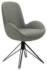 Grauer Armlehnstuhl mit modernem Design und schwarzem Metallgestell, seitliche Perspektive