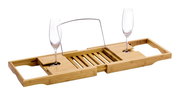 Bambus-Badewannenablage mit zwei Glashaltern und Buchstütze, seitliche Perspektive