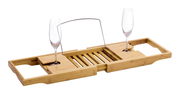 Bambus-Badewannenablage mit zwei Glashaltern und Buchstütze, seitliche Perspektive