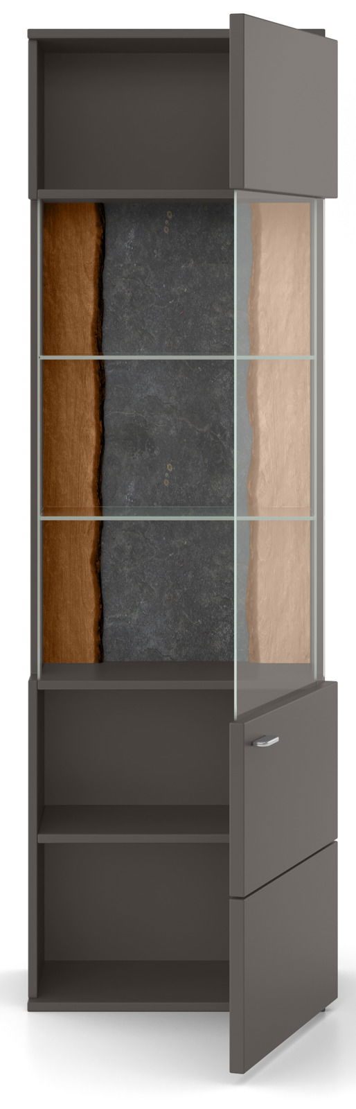 Vitrine mit Glastüren und Holzrückwand, Perspektive von vorne