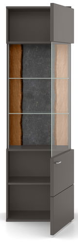 Vitrine mit Glastüren und Holzrückwand, Perspektive von vorne