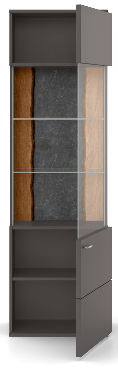 Vitrine mit Glastüren und Holzrückwand, Perspektive von vorne