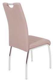 Rückansicht eines modernen Stuhls mit rosa Polsterung und verchromten Beinen.