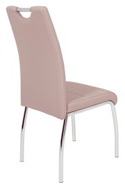 Rückansicht eines modernen Stuhls mit rosa Polsterung und verchromten Beinen.